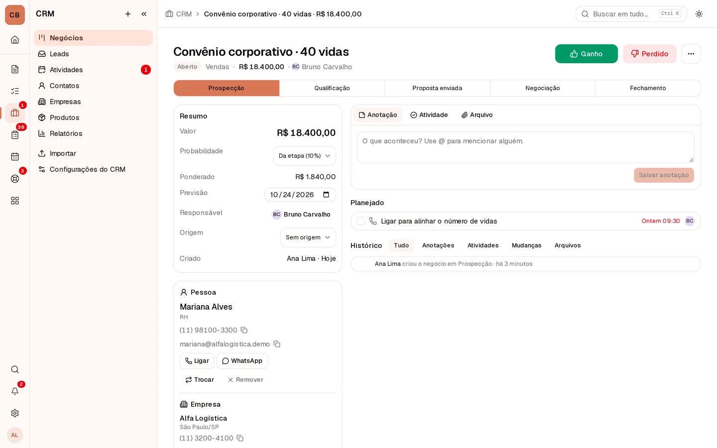 Negócio com pessoa, empresa, produtos e histórico